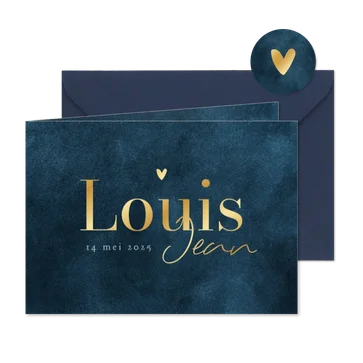 Geboortekaartje blauw stijlvol hartje goud